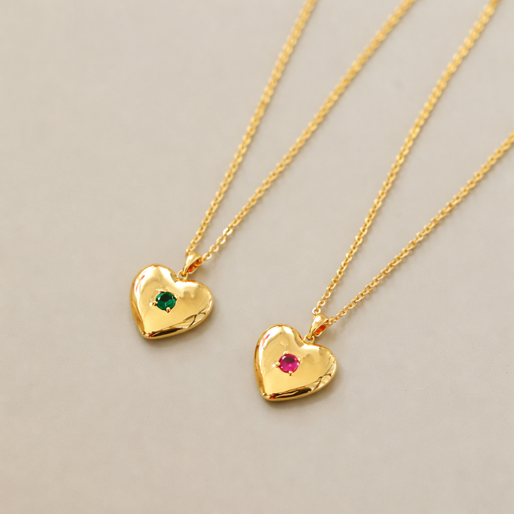 18K Gold Plated Heart Pendant Necklace with Gemstone Accent