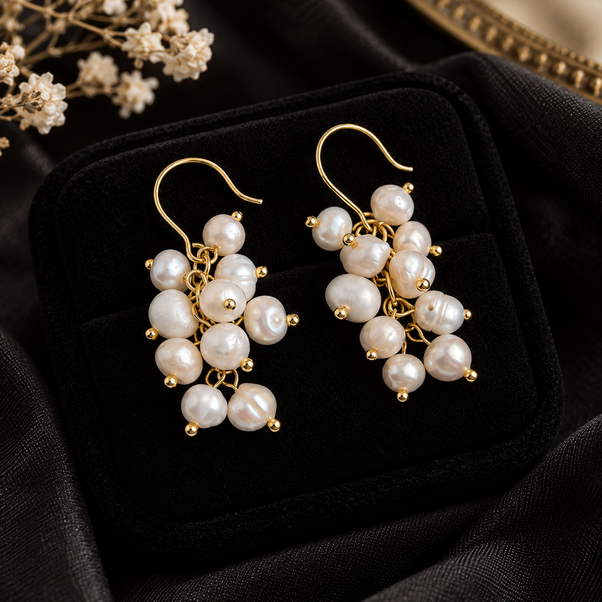 Pearl Cluster Drop Earrings Copper 14K Gold Plated