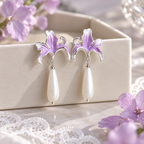 Purple Lily Pearl Drop Earrings Copper Silver Plated