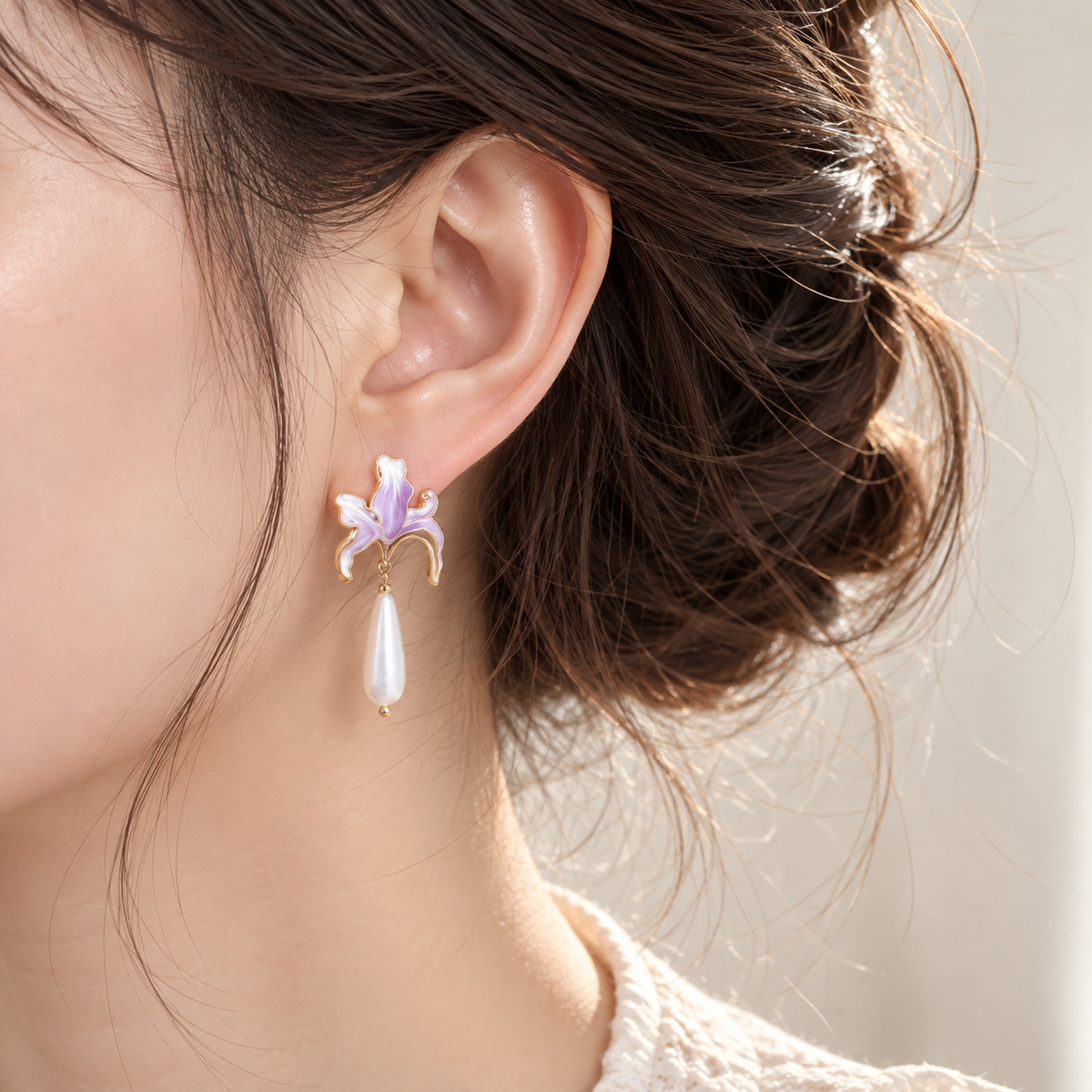 Purple Lily Pearl Drop Earrings Copper Silver Plated
