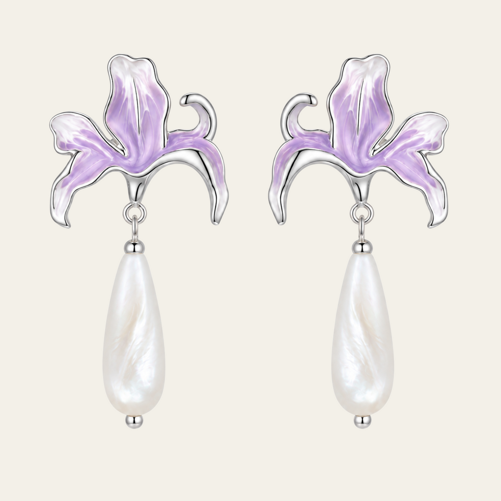 Purple Lily Pearl Drop Earrings Copper Silver Plated