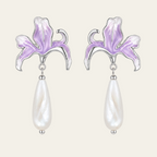 Purple Lily Pearl Drop Earrings Copper Silver Plated