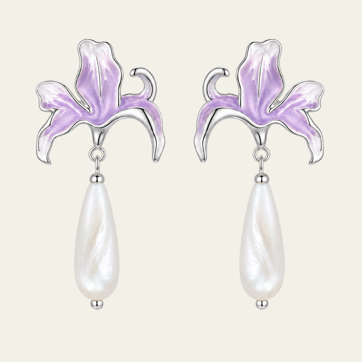 Purple Lily Pearl Drop Earrings Copper Silver Plated
