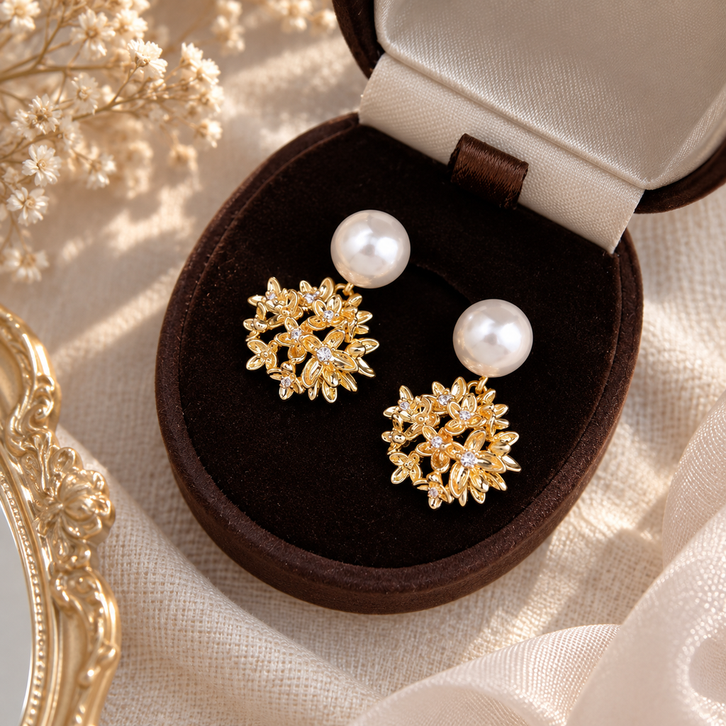 Pearl Flower Stud Earrings Copper 14K Gold Plated