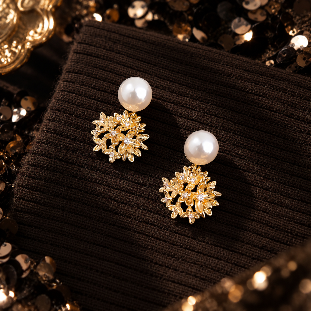 Pearl Flower Stud Earrings Copper 14K Gold Plated