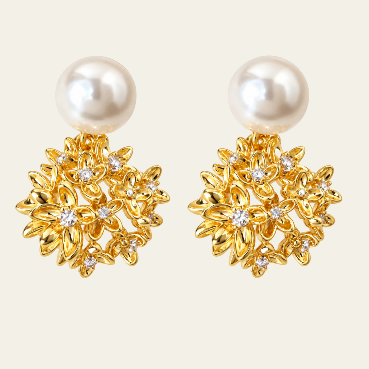 Pearl Flower Stud Earrings Copper 14K Gold Plated