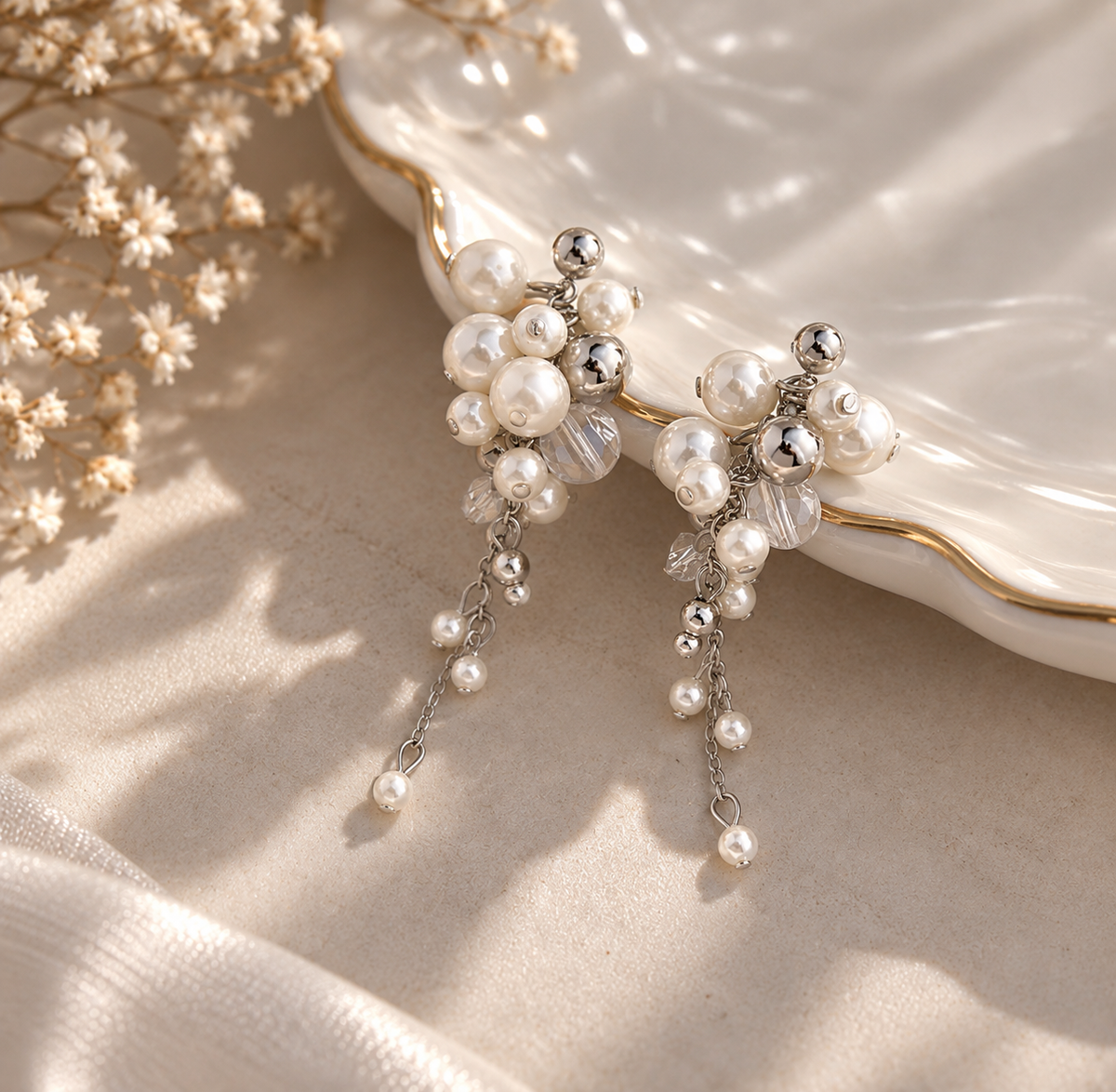 Pearl Cluster Drop Earrings Copper Platinum Plated