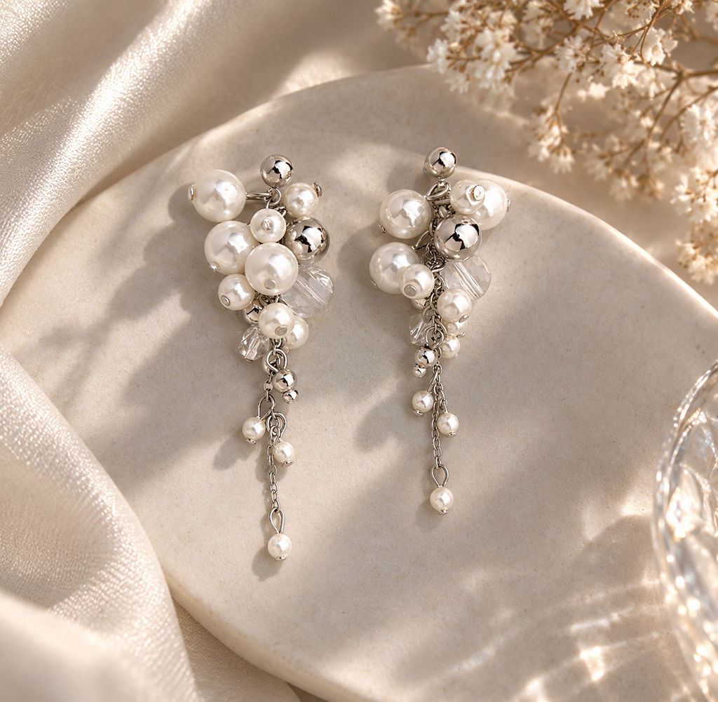 Pearl Cluster Drop Earrings Copper Platinum Plated