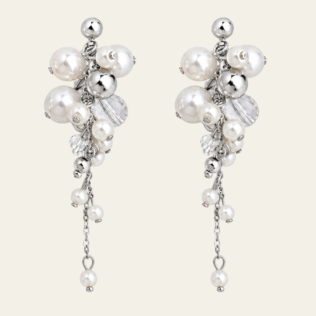 Pearl Cluster Drop Earrings Copper Platinum Plated
