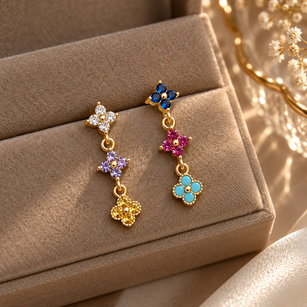 Asymmetrical Multicolor Flower Gemstone Earrings Copper 18K Gold Plated