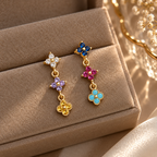 Asymmetrical Multicolor Flower Gemstone Earrings Copper 18K Gold Plated