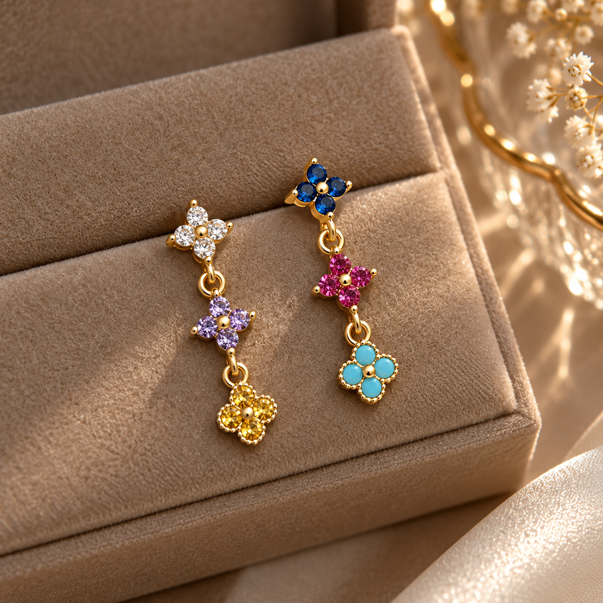 Asymmetrical Multicolor Flower Gemstone Earrings Copper 18K Gold Plated