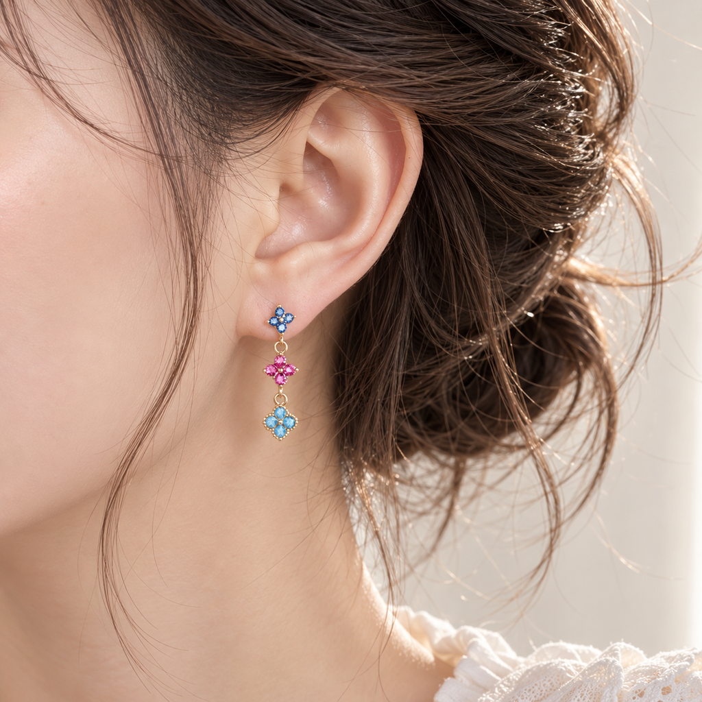 Asymmetrical Multicolor Flower Gemstone Earrings Copper 18K Gold Plated