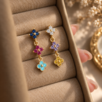 Asymmetrical Multicolor Flower Gemstone Earrings Copper 18K Gold Plated