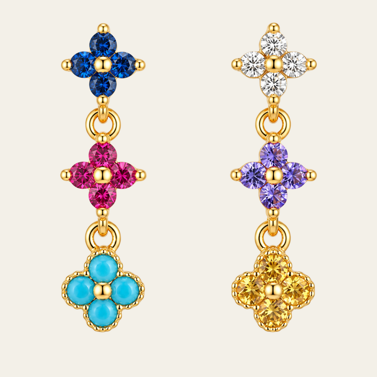 Asymmetrical Multicolor Flower Gemstone Earrings Copper 18K Gold Plated