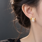 Bow Pearl Gemstone Stud Earrings Copper 14K Gold Plated