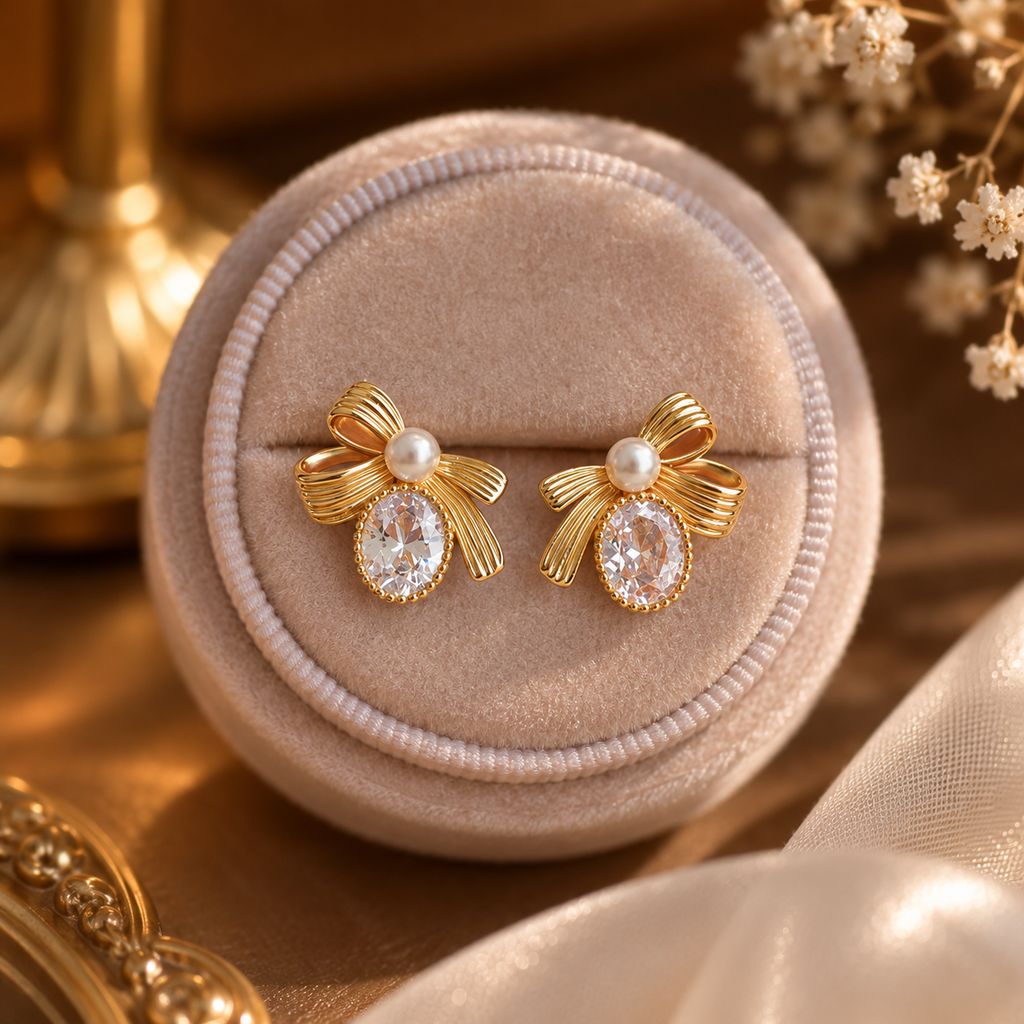 Bow Pearl Gemstone Stud Earrings Copper 14K Gold Plated