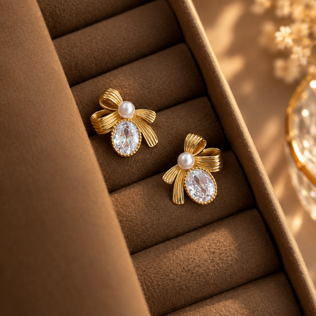 Bow Pearl Gemstone Stud Earrings Copper 14K Gold Plated
