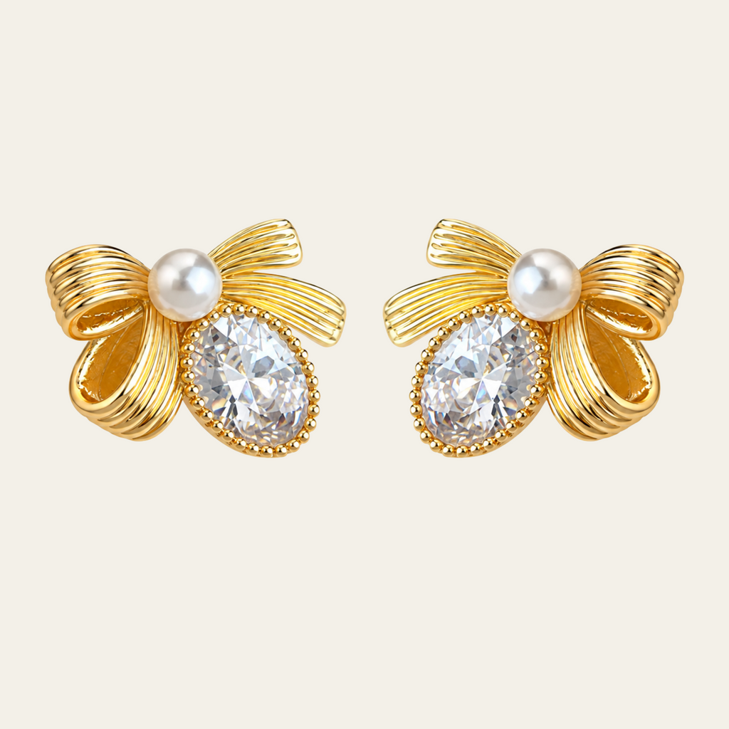 Bow Pearl Gemstone Stud Earrings Copper 14K Gold Plated