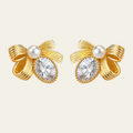 Bow Pearl Gemstone Stud Earrings Copper 14K Gold Plated