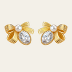 Bow Pearl Gemstone Stud Earrings Copper 14K Gold Plated