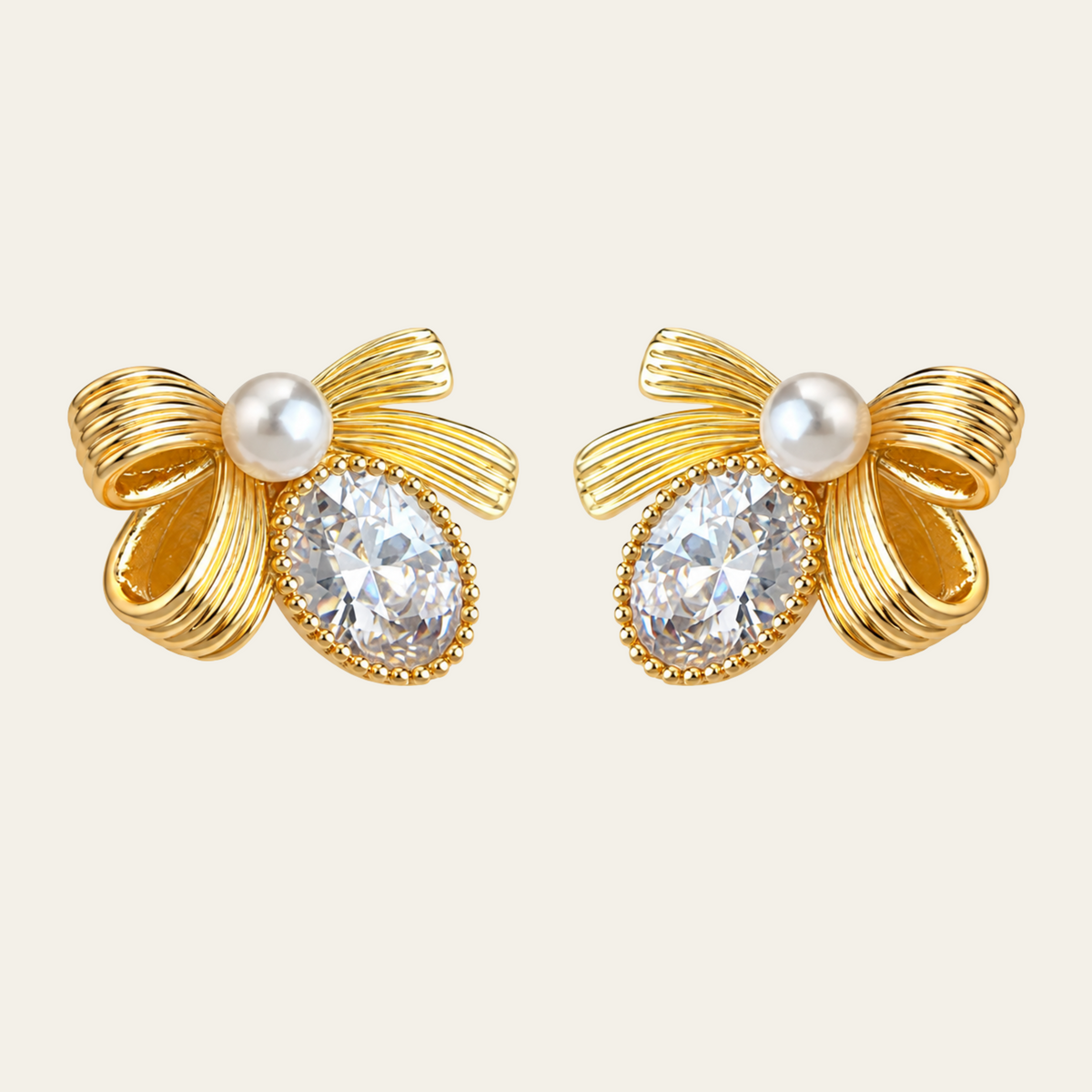 Bow Pearl Gemstone Stud Earrings Copper 14K Gold Plated