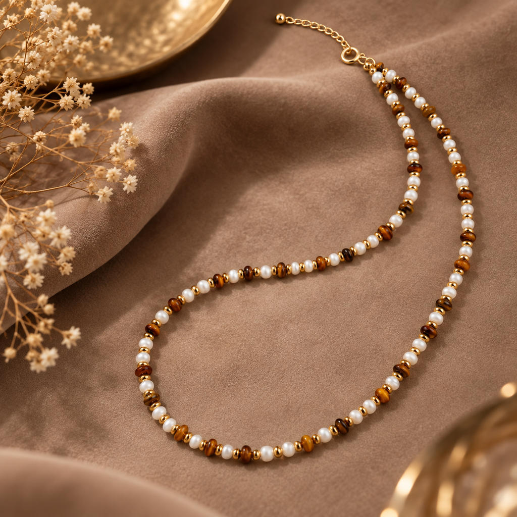 Tiger Eye Shell Bead Necklace Copper 14K Gold Plated