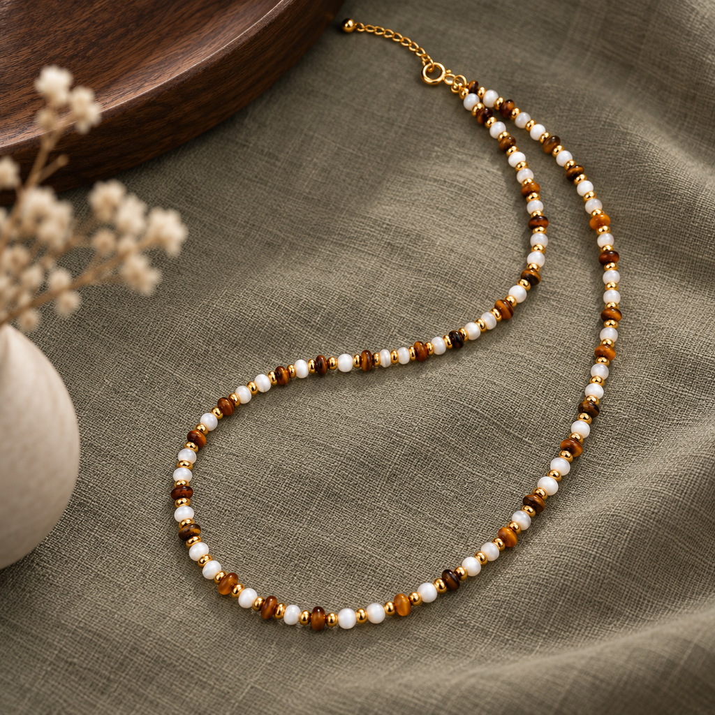 Tiger Eye Shell Bead Necklace Copper 14K Gold Plated