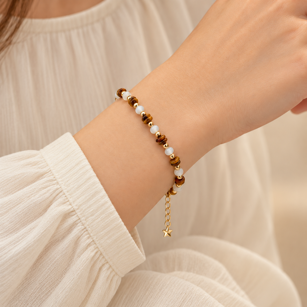 Tiger Eye Shell Bead Bracelet Copper 14K Gold Plated