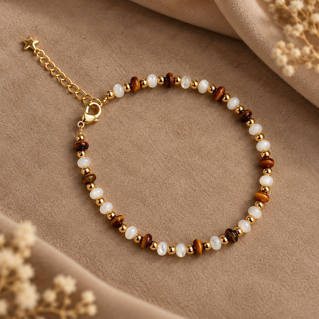 Tiger Eye Shell Bead Bracelet Copper 14K Gold Plated