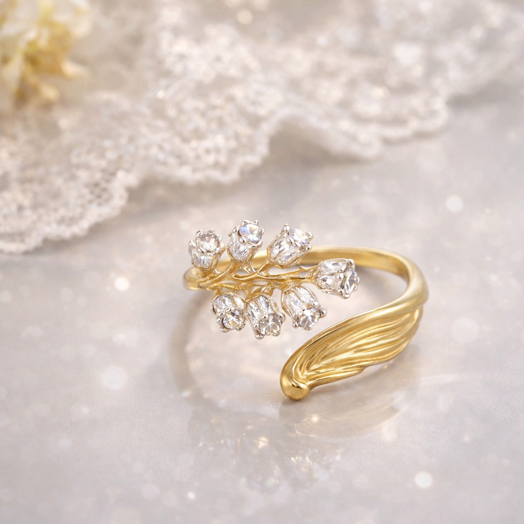14K Gold Plated Lily of the Valley Flower Ring