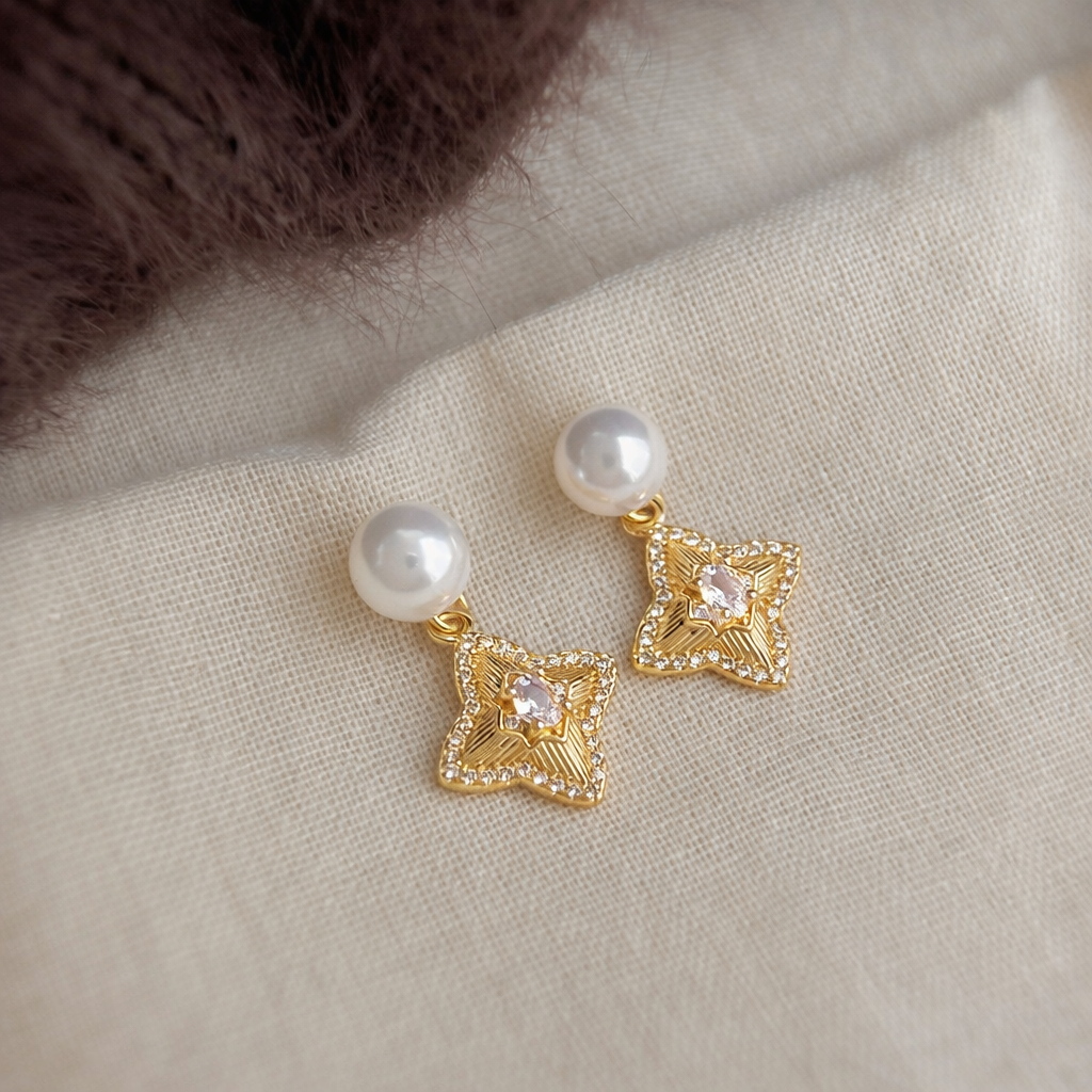 14K Gold Plated Pearl Star Drop Earrings
