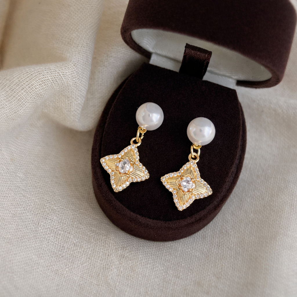 14K Gold Plated Pearl Star Drop Earrings