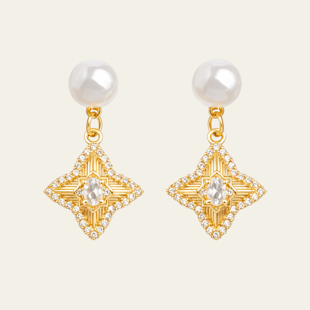 14K Gold Plated Pearl Star Drop Earrings