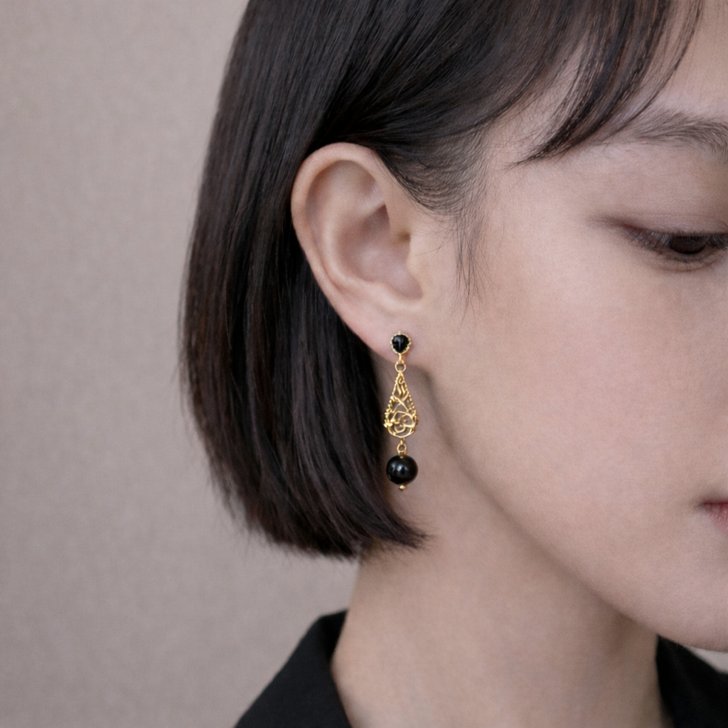 14K Gold Plated Black Agate Drop Earrings