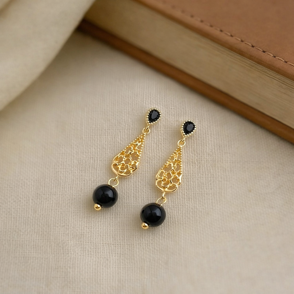 14K Gold Plated Black Agate Drop Earrings