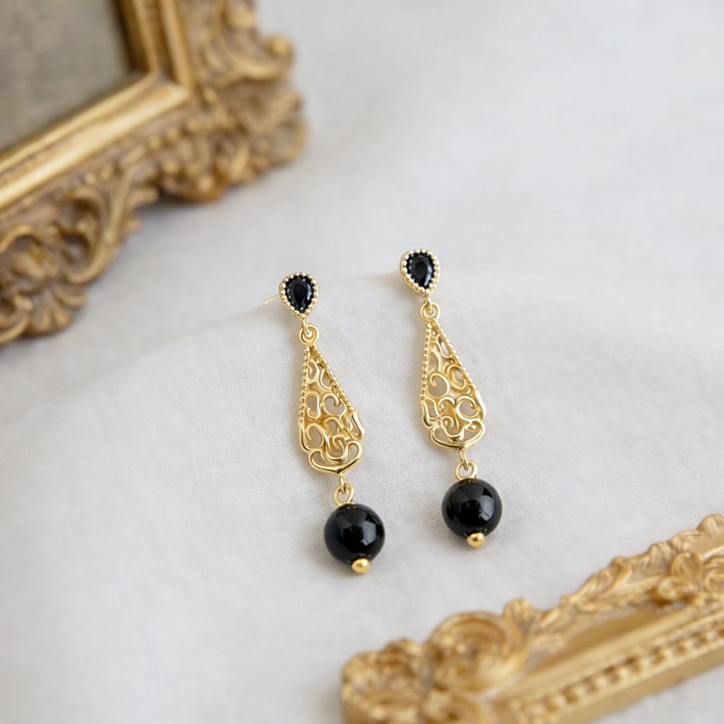 14K Gold Plated Black Agate Drop Earrings