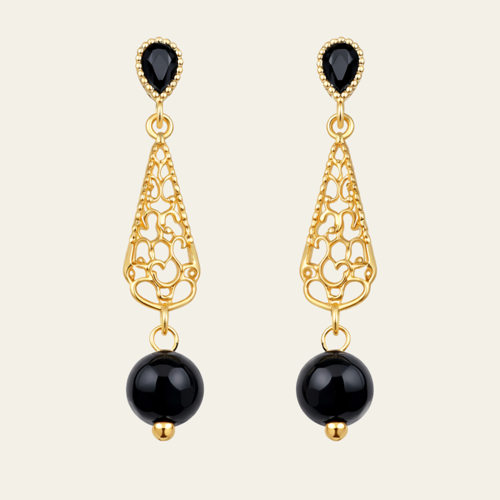14K Gold Plated Black Agate Drop Earrings