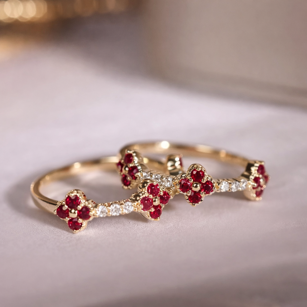 Sterling Silver Red Zircon Flower Ring