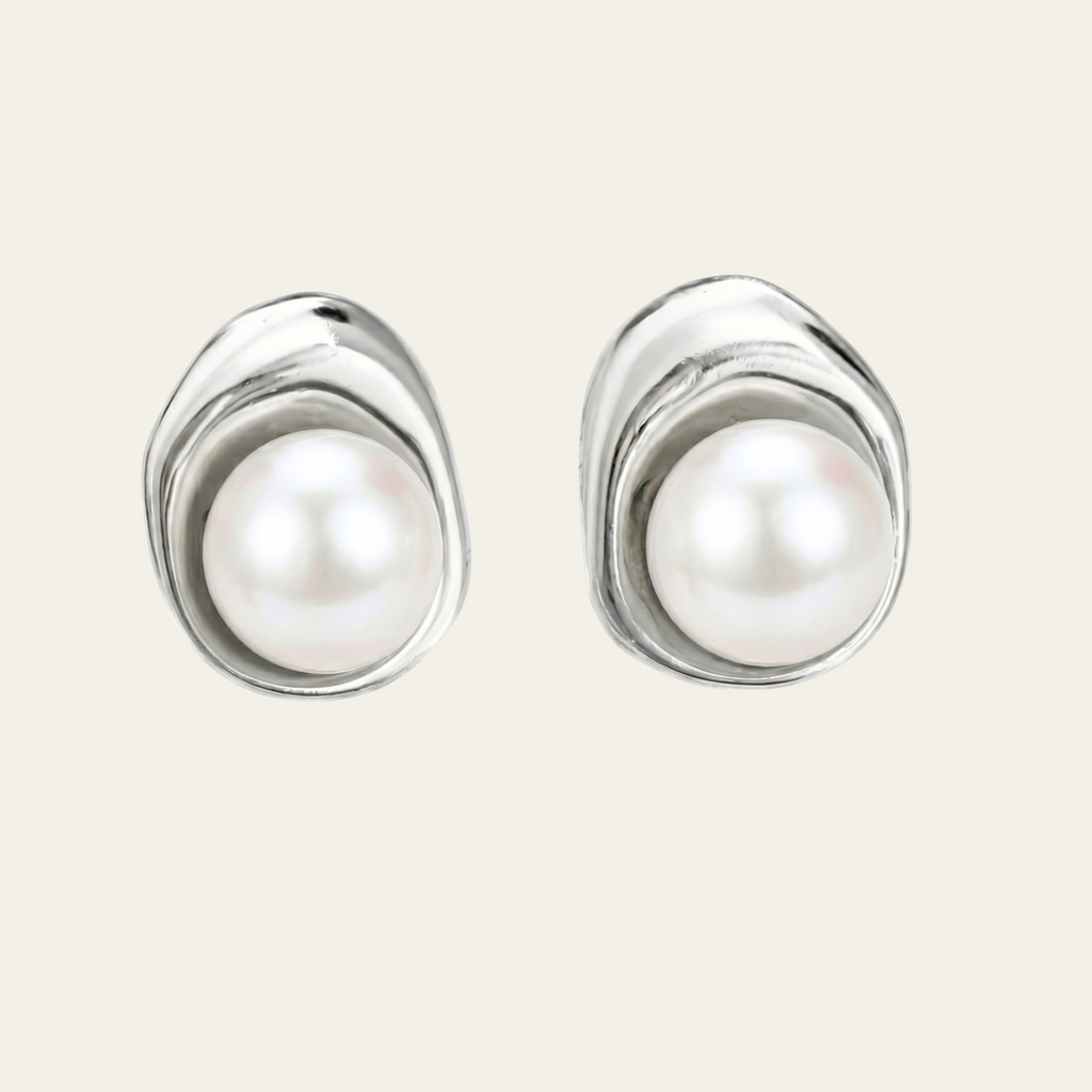 Sterling Silver Polished Pearl Stud Earrings