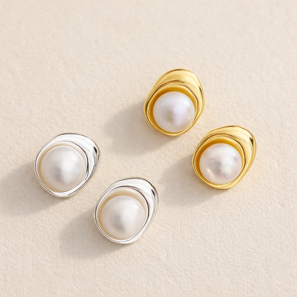 Sterling Silver Polished Pearl Stud Earrings