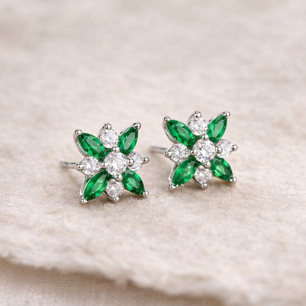 Sterling Silver Emerald Green Floral Zircon Stud Earrings