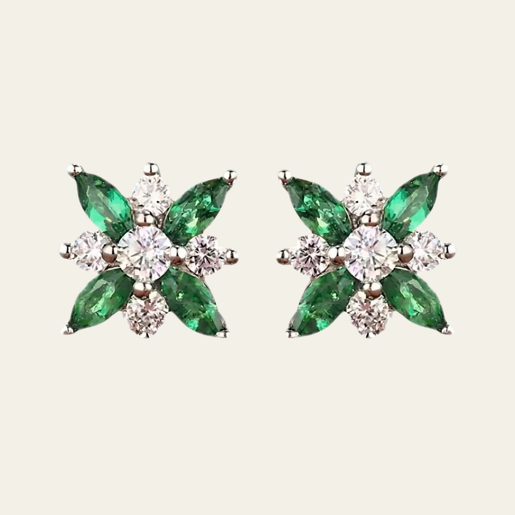 Sterling Silver Emerald Green Floral Zircon Stud Earrings