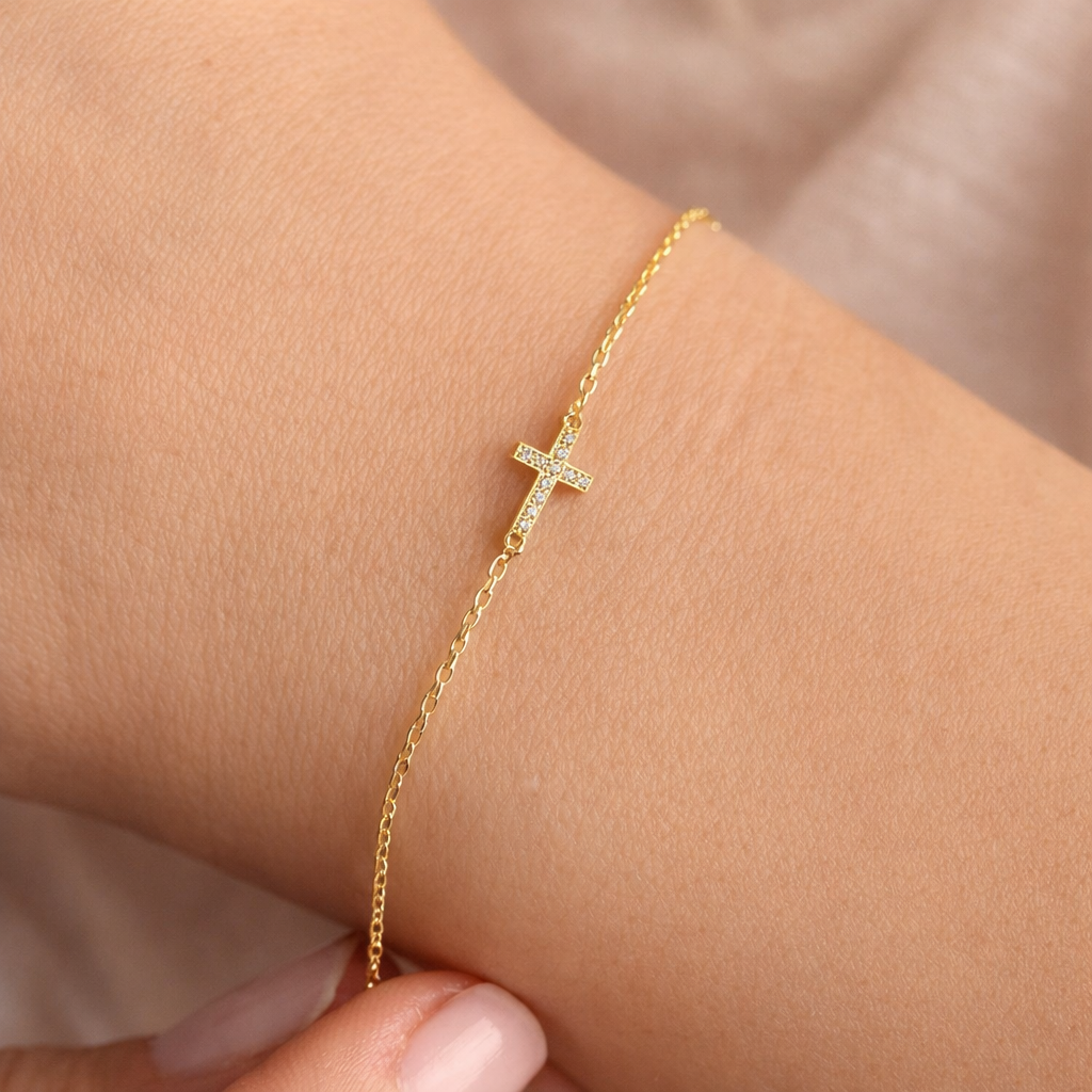 Sterling Silver Minimal Cross Zircon Bracelet