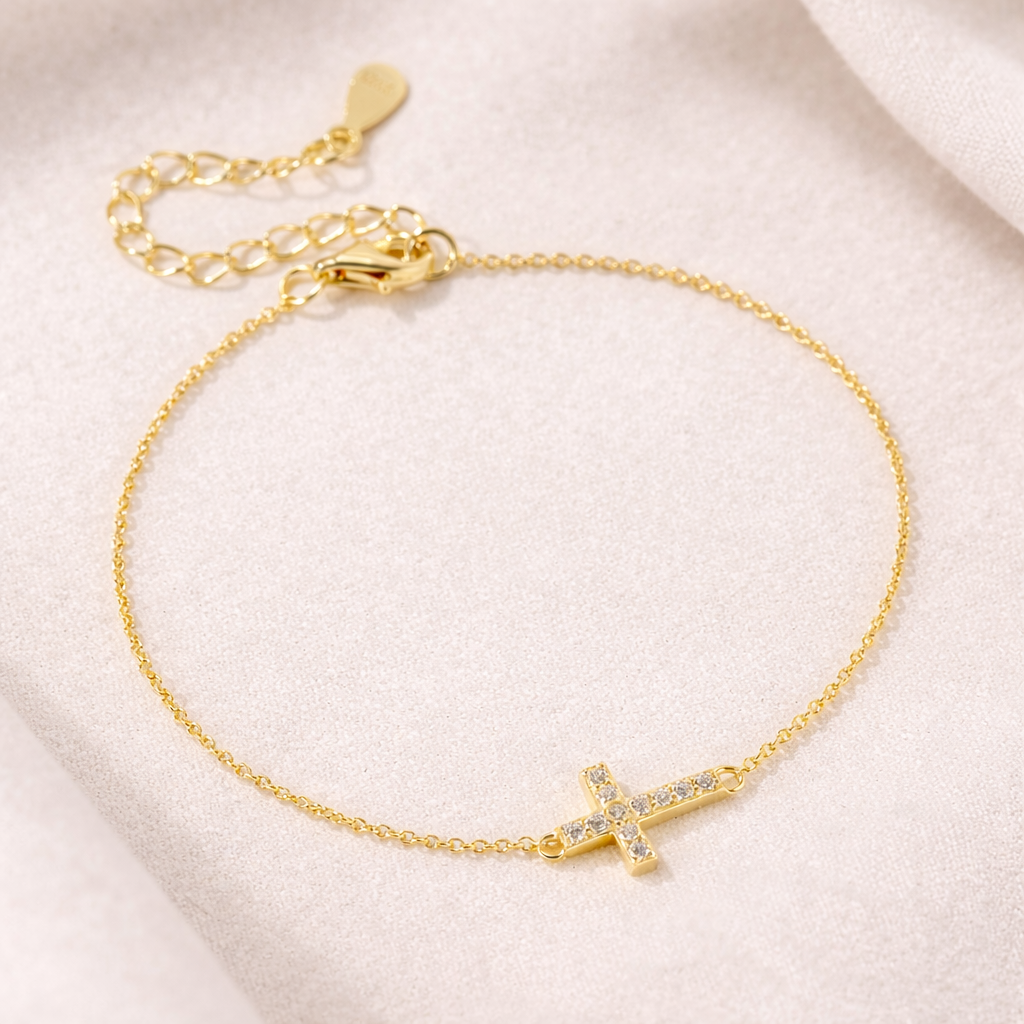 Sterling Silver Minimal Cross Zircon Bracelet