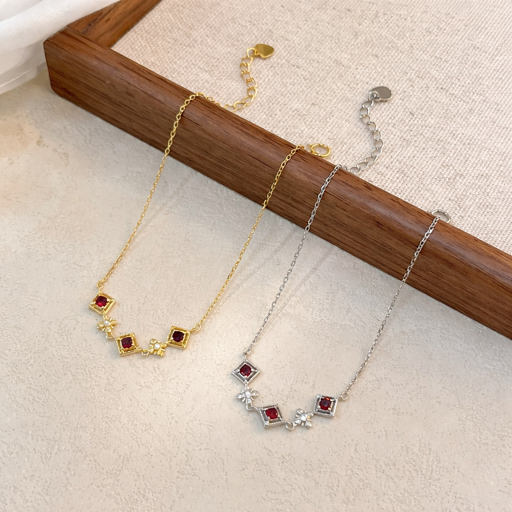 Sterling Silver Geometric Red Stone Bracelet