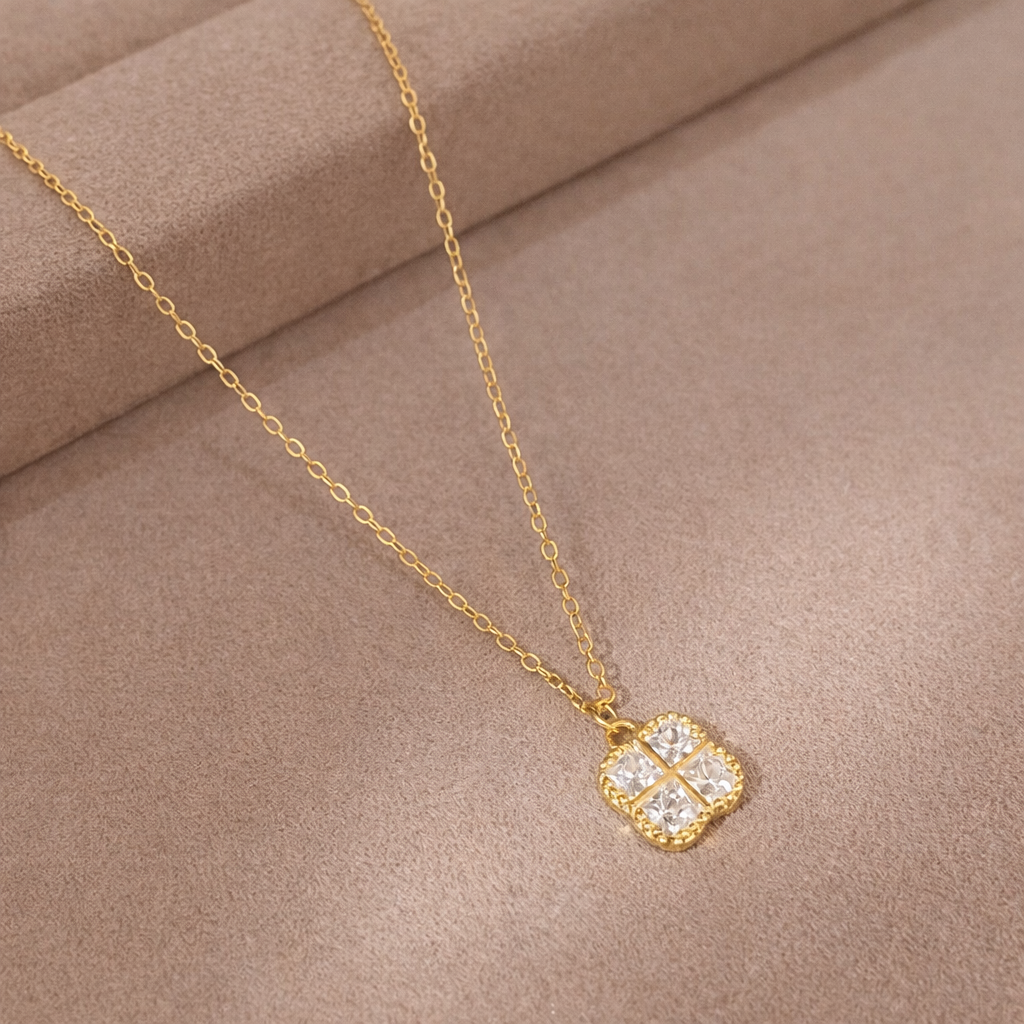 Sterling Silver Square Flower Zircon Necklace