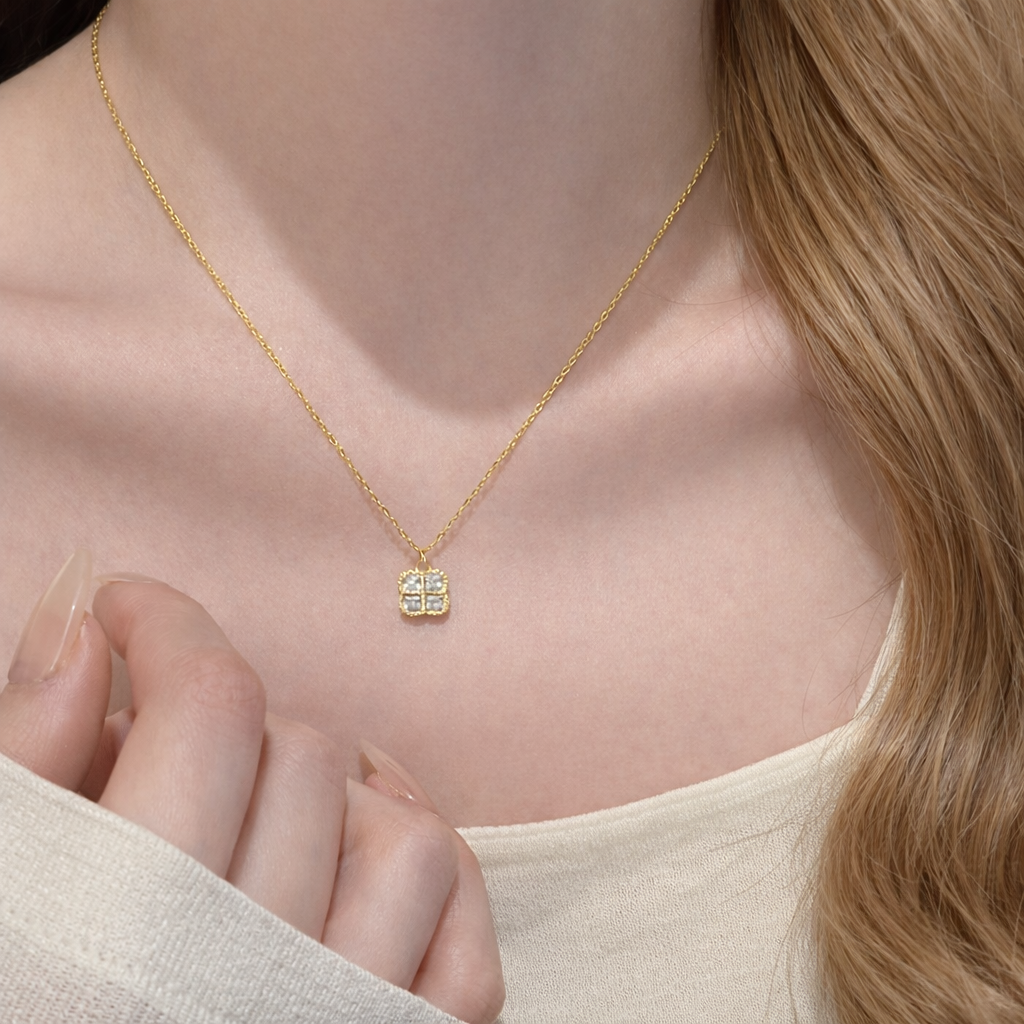 Sterling Silver Square Flower Zircon Necklace