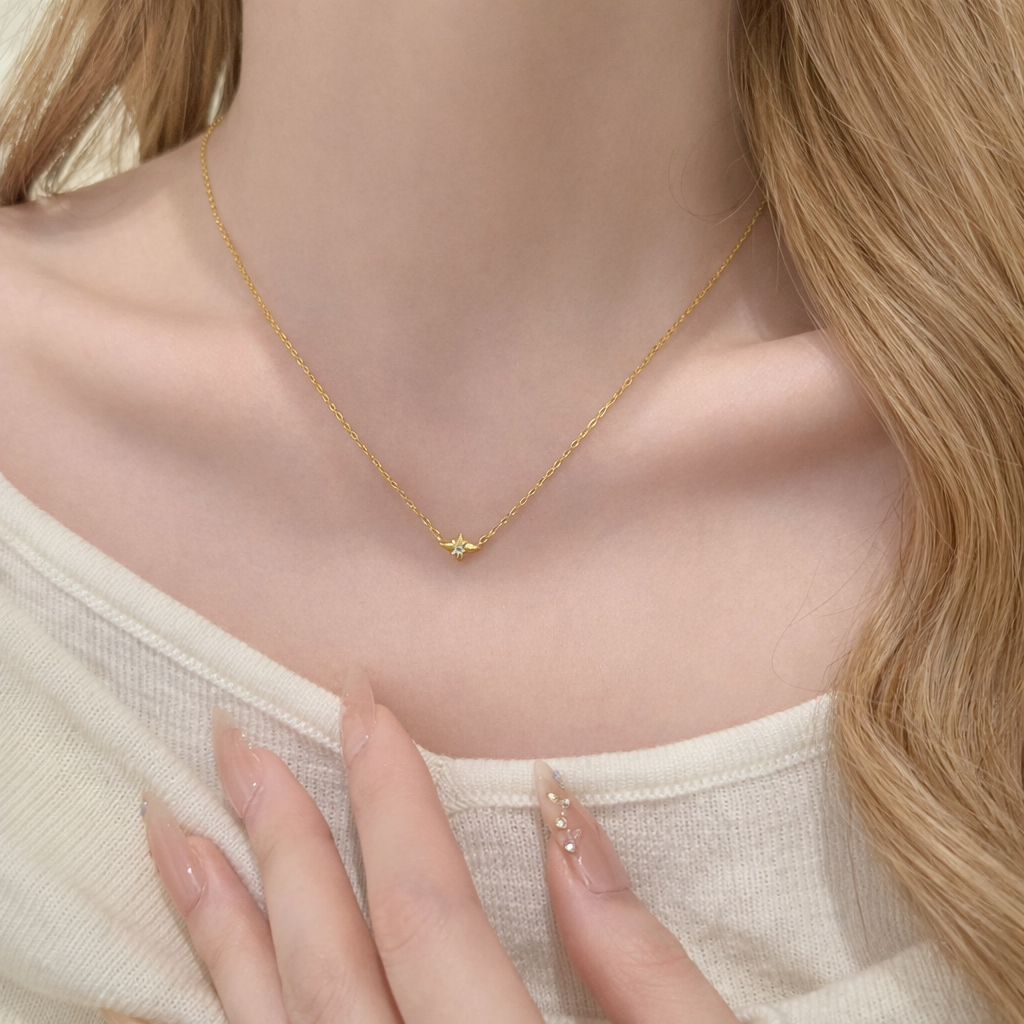 Sterling Silver Minimal Four Point Star Zircon Necklace