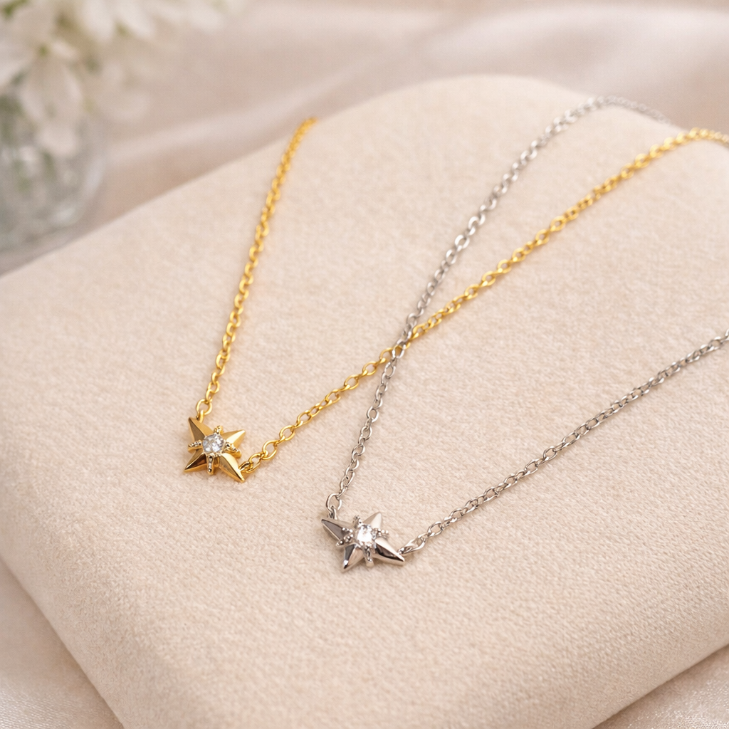 Sterling Silver Minimal Four Point Star Zircon Necklace